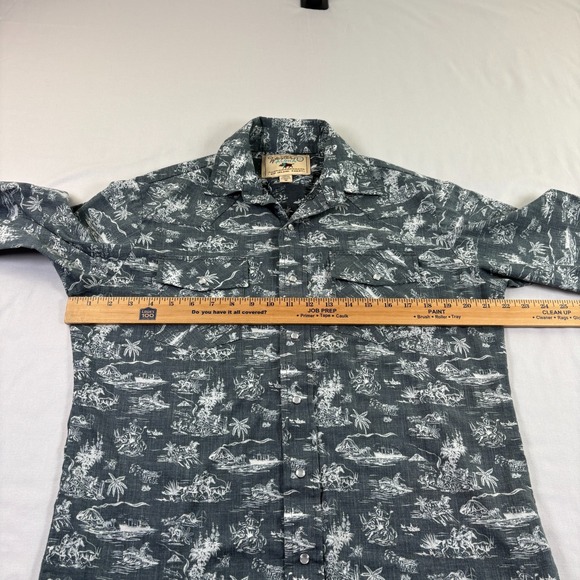 Western Aloha Shirt Mens Medium Gray Pearl Snap Up Cowboy Long Sleeve Island - Picture 5 of 10
